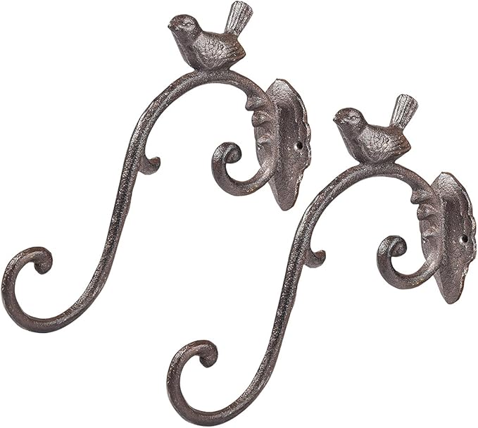 Sungmor Cast Iron Plant Hanger Wall Hooks, Heavy Duty Hanging Basket Brackets, Lovely Bird Shape & 10 inch & 2PC Brown, Decorative Wall Hangers for Planters Lanterns Bird Feeders Houses Wind Chimes