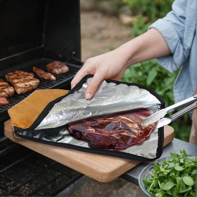 BBQ Blanket for Resting Meat, 5-Layer Insulated Meat Resting Bag for Moisture Retention and Perfect BBQ, Wide Mouth with Handle Design for Briskets, Pork Shoulders, Steaks (Brown, 15 Inch)