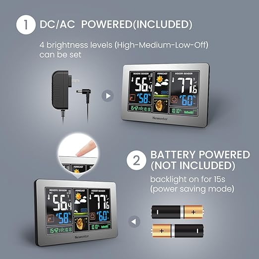 Newentor Weather Station Wireless Indoor Outdoor Thermometer, Color Display Digital Weather Thermometer with Atomic Clock, Barometric Pressure, Forecast Station with Adjustable Backlight, Sliver