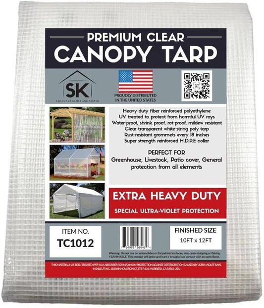 16 Mil Clear Poly Heavy Duty Tarp with Fiber Reinforcement - True Size Tarps with UV Protection, Tear Resistance, Flexibility, Reinforced Corners 10x12