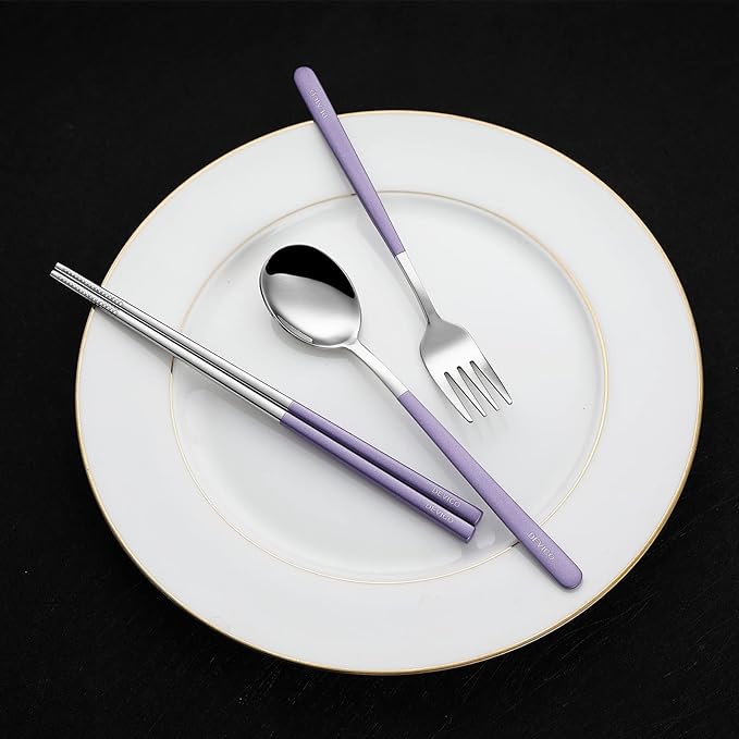 DEVICO Travel Utensils, Portable 18/8 Stainless Steel Silverware Flatware Set, Include Fork Spoon Chopsticks with Case (Purple)