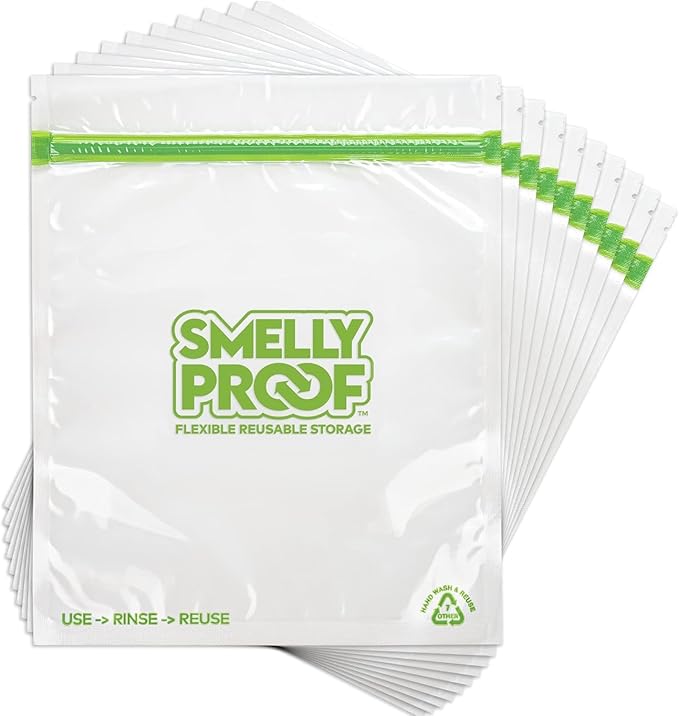 Smelly Proof 50pk Reusable Food Storage Bags - Made in USA, Dishwasher-Safe, BPA FREE, NO PEVA, Clear FLAT Large 3-mil Thick, 8.5" x 10"