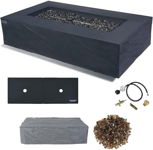 Elementi+ | Cape Town Gas Fire Pit Cast Concrete 56" Rectangular Fire Table, Outdoor Fire Pit Electronic Ignition | Canvas Cover, Fire Glass and Burner Lid Included | Dark Gray | Natural Gas