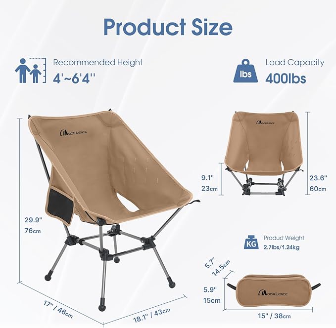 MOON LENCE Camping Chair Plus, Upgraded Comfort & Size, Still Compact and Lightweight, Folding Portable Chair for Backpacking & Hiking, 400Lbs Capacity, Gen 3 Plus (Khaki 2 Pack (Plus))