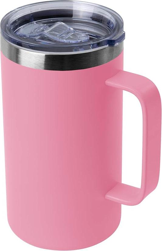 DOMICARE 24oz Mug with Handle and Lid, Stainless Steel Coffee Mug, Reusable Insulated Cup, Travel Mug with Handle, Double Wall Vacuum Coffee Tumbler for Men and Women, Pink, Pack 1