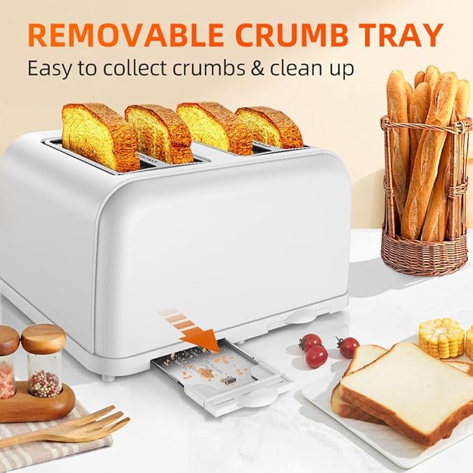 White Toaster 4 Slice, Dual Independent Controls, Extra Wide Slot Toasters for Bagel, Bread, Waffles, 7 Shade Settings, 4 Main Functions, Removable Crumb Tray, 1500 Watts, White Stainless Steel