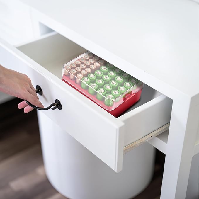 ALCYON Battery Organizer Storage Case, Battery Vault Box Container for 48pcs AA AAA Batteries, Plastic Clear Protective Battery Holder for Travelling/Home/Office (Red, Medium)