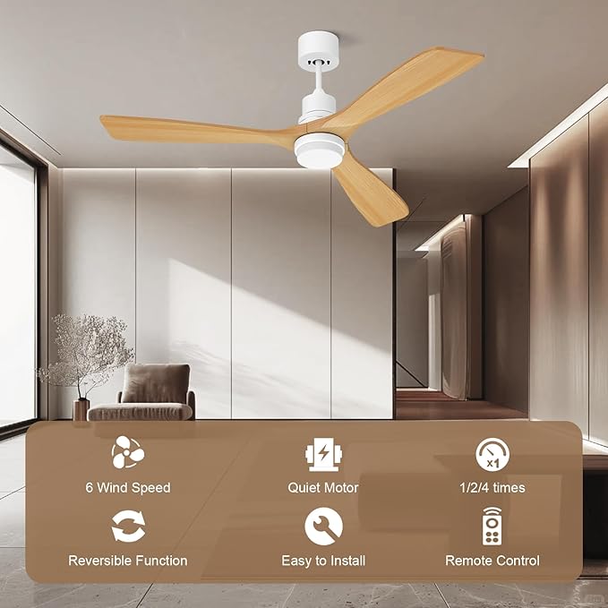 Obabala 52I Wood Ceiling Fan Modern Ceiling Fan with LED Light and Remote Control for Patios Indoor Reversible DC Motor Timmer