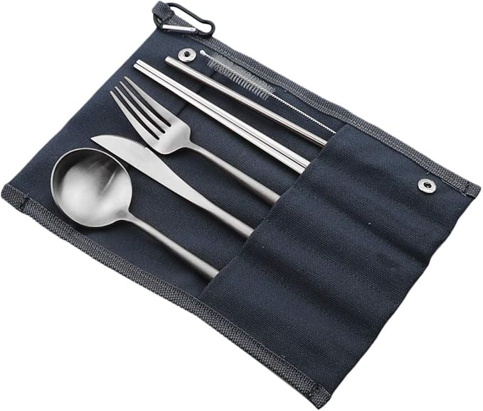 Gugrida Reusable Travel Utensils, 7 Pieces Portable 18/10 Stainless Steel include Knife Fork Spoon Chopsticks Cleaning Brush Straws Portable Pouch, Eco-friendly Camping Silverware Set, Dishwasher Safe