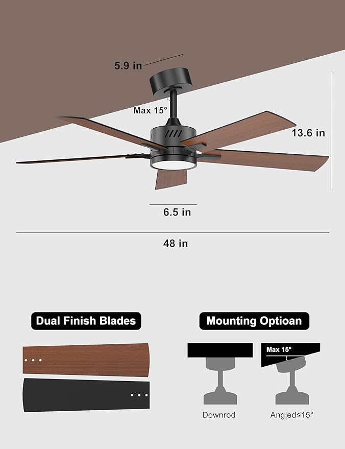 Ohniyou 48'' Ceiling Fans with Lights and Remote, 6 Speeds, 3 Colors & Dimmable LED Light, Reversible DC Motor Ceiling Fan with Walnut Blades