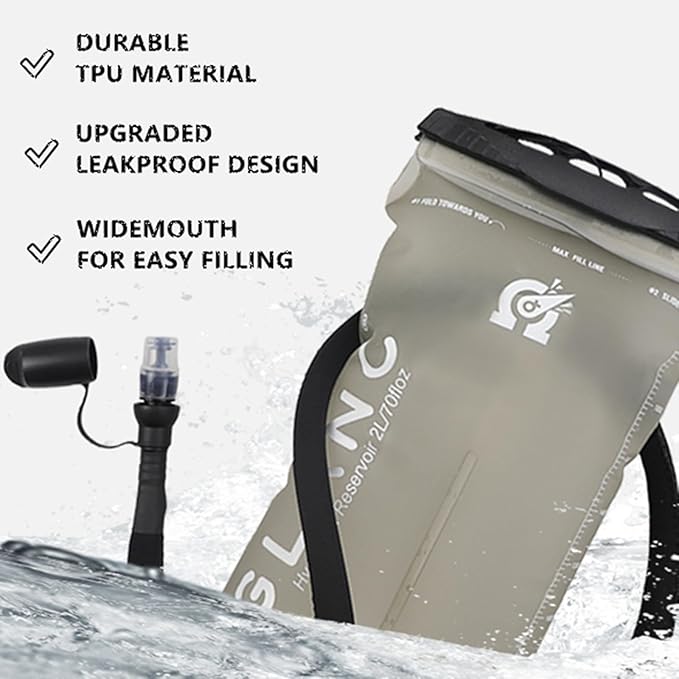 GLANC Hydration Bladder - 2L Water Bladder with Cleaning Kit for Outdoor Hiking Backpack, BPA Free Leakproof Water Reservoir for Hydration Pack, Insulated Hose & High Flow Bite Valve