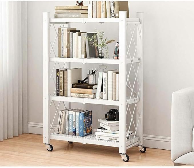 4-Tire Storage Rack, 28 * 13 * 50in Foldable Metal Garage Storage Shelves Organizer, Portable Metal Kitchen Shelving, Closet Shelving Unit Bakers Rack Microwave Stand, White(Tiered Shelf-4)