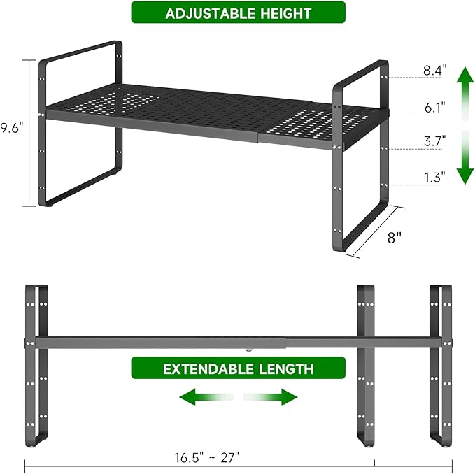 Expandable Kitchen Cabinet Shelf Organizer Rack Heavy Duty Metal Spice Rack Stackable Kitchen Counter Storage Shelf for Kitchen Cabinet Pantry Bathroom (Black - 16.5"-27" L x 8" W x 9.6" H - 2Pack)