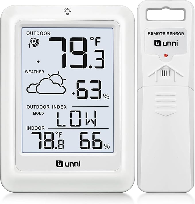 Indoor Outdoor Thermometer Wireless Weather Station, Temperature Humidity Monitor Battery Powered Inside Outside Thermometers with 330ft Range Remote Sensor and Backlight Display（WH01）
