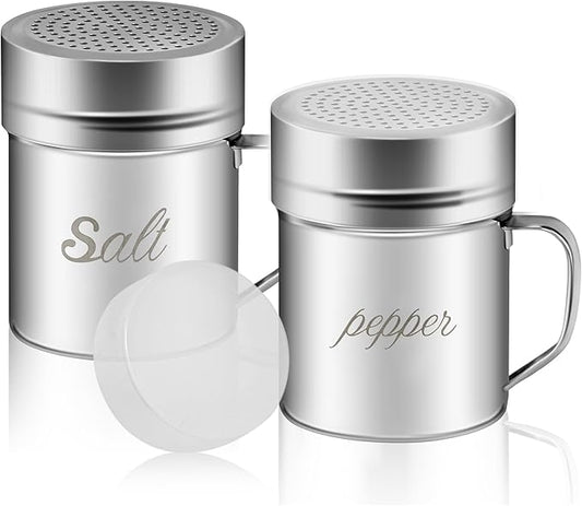 Stainless Steel Salt and Pepper Shakers Set, 10 OZ Seasoning Spice Shaker with Lid and Handle 127 Holes, Metal Dredge Shaker for Powder Sugar Cooking Kitchen Baking (2 Pieces)