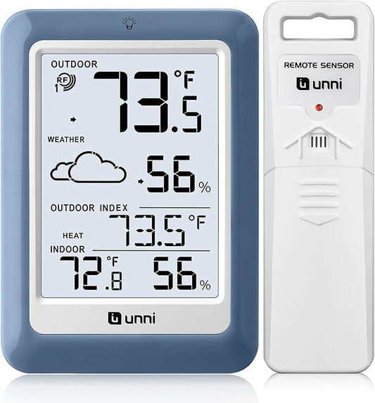 Indoor Outdoor Thermometer Hygrometer Wireless Weather Station, Temperature Humidity Monitor Battery Powered Inside Outside Thermometers with 330ft Range Remote Sensor(Blue)