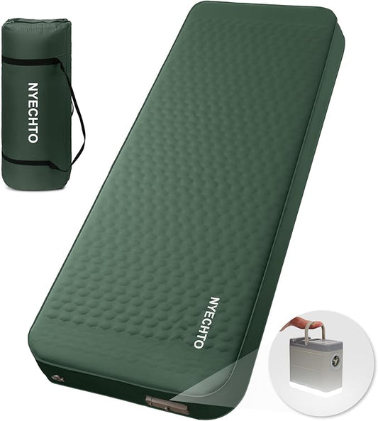 Self Inflating Sleeping Pad with Electric Pump, 4" Thick Ultralight Memory Foam Camping Mattress, Telescopic & Compact, Fast Inflate Insulated Camping Air Mats for Car Travel/Tent/Cot,Green