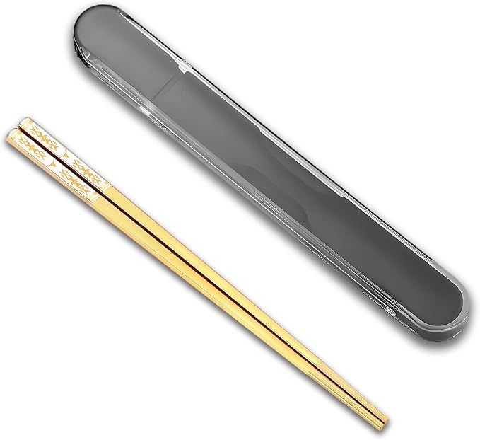 Metal Chopsticks Reusable 1 Pair Stainless Steel Travel Chopsticks Dishwasher Safe Square Lightweight Non-Slip Chop Sticks with case (Golden Bull Head Boho)