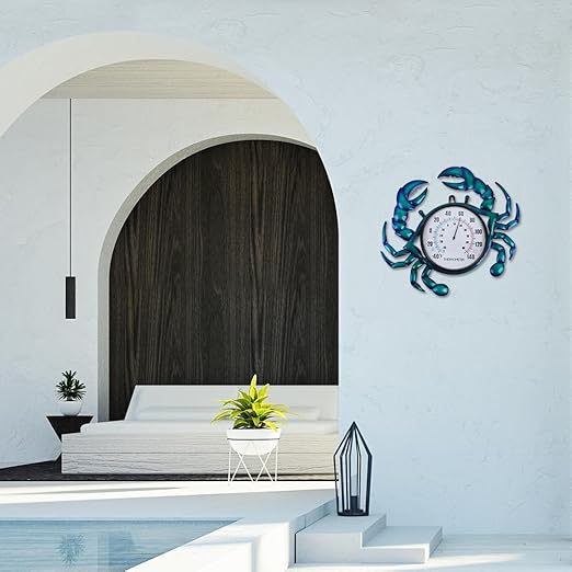 14" Crab Shape Outdoor Thermometer, Indoor Thermometer No Need Battery, Metal Wall Thermometer Easy to Read for Patio Garden Living Room Decor