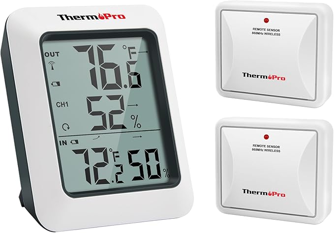 ThermoPro TP60-2 Digital Hygrometer Indoor Outdoor Thermometer Wireless Temperature and Humidity Gauge Monitor Room Thermometer with 500ft/150m Range Humidity Meter