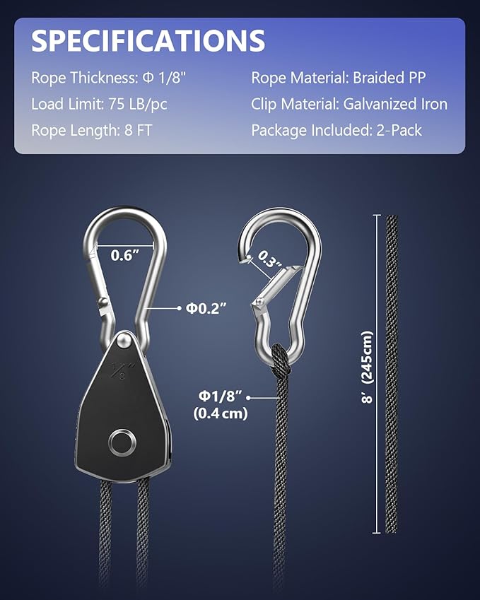 VIPARSPECTRA Retractable Heavy Duty Ratchet Tie Down Straps [2 Pack, 8ft, 75lbs/Pack], Rope Pulley System with Carabiner Hook for Hanging Plants/Grow Light/Tents Various Tie-Down Uses