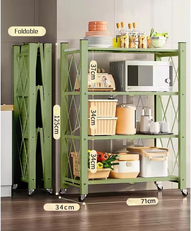 4-Tire Storage Rack, 28 * 13 * 50in Foldable Metal Garage Storage Shelves Organizer, Portable Metal Kitchen Shelving, Closet Shelving Unit Bakers Rack Microwave Stand, Green(Tiered Shelf-4)