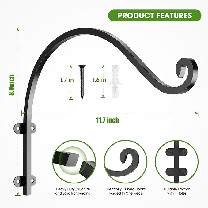6Pack Heavy Duty Wall Hanging Plant Hanger Hook, 12Inch Black Metal Outdoor and Indoor Bracket for Hanging Flower Pot, Bird Feeder, Lanterns