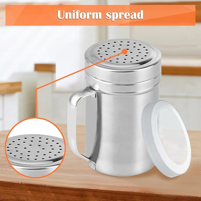 2Pcs Metal Salt Pepper Dredge Shakers, Stainless Steel Pepper Shaker Seasoning Jar With Handle, With Hole And Cover, Suitable For Pepper, Cinnamon And Coffee Spice Jars (Large-14OZ)