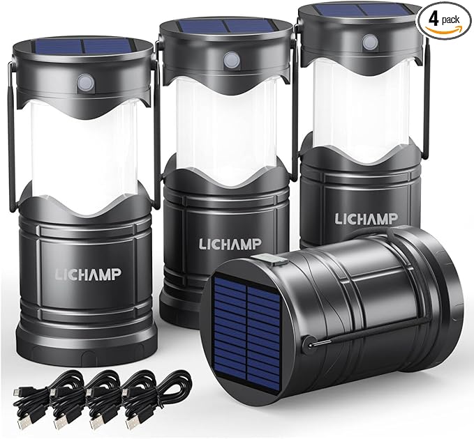Lichamp 4-Pack Solar Camping Lantern, USB Rechargeable LED Lanterns Battery Powered Pop Up Flashlight Lamps with Three Modes Power for Power Outages Hurricane Supplies Emergency Indoor & Outdoor