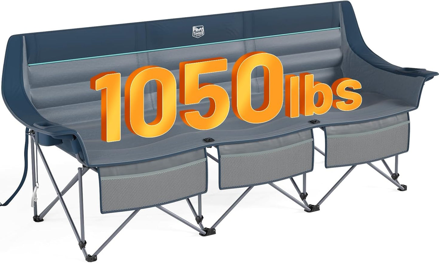 TIMBER RIDGE Padded 3 Person Camping Chair with Cup Holders and Pockets, Outdoor Folding Loveseat Camping Chairs, 1050lbs Capacity Heavy Duty Camp Couch for Outside Picnic, Beach, Lawn, Sports, Blue