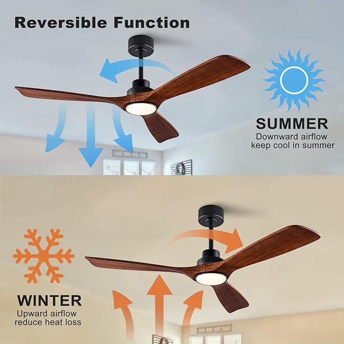 52" Wood Ceiling Fan with Lights Remote Control,Quiet DC Motor 3 Blade Ceiling Fans for Patio Living Room, Bedroom, Office,Indoor Outdoor(Black+Dark Walnut)