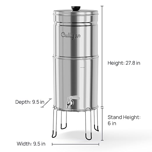 Culligan with MaxClear Technology 3 Gallon Gravity Water Filter System, Polished Countertop Ceramic Water Filter Dispenser NSF/ANSI Certified to Reduce Lead, Microplastics & Total PFAS, with 6 Filters