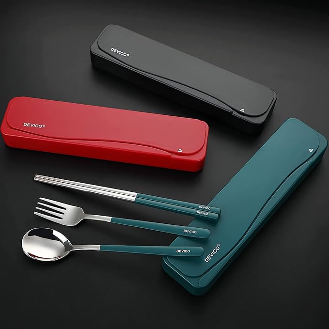 DEVICO Travel Utensils, 18/8 Stainless Steel Portable Reusable Camping Silverware Cutlery Flatware Set, 4-Piece Include Fork Spoon Chopsticks with Case (Dark Green)