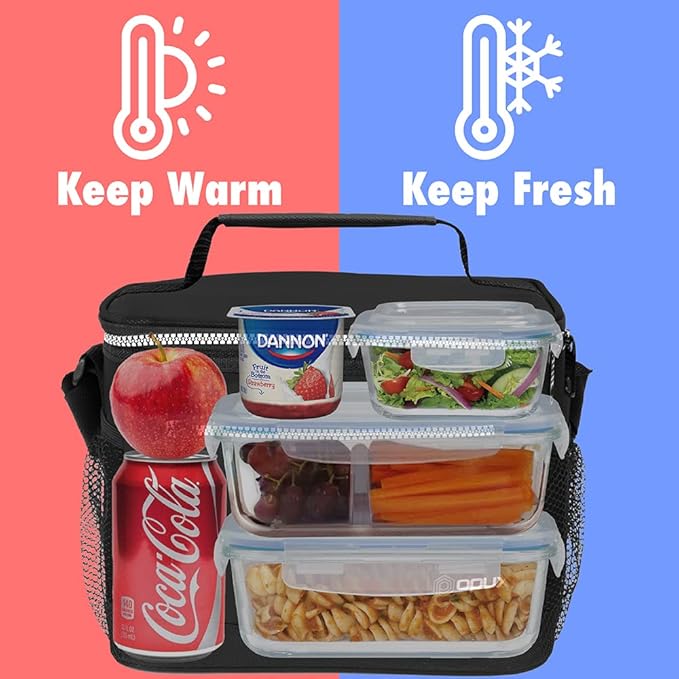 opux Insulated Lunch Box Men Women, Lunch Bag for Work School, Leakproof Soft Cooler Tote Adult, Large Lunch Pail Kids Boys Girls, Picnic Beach Food Bag with Shoulder Strap, Black