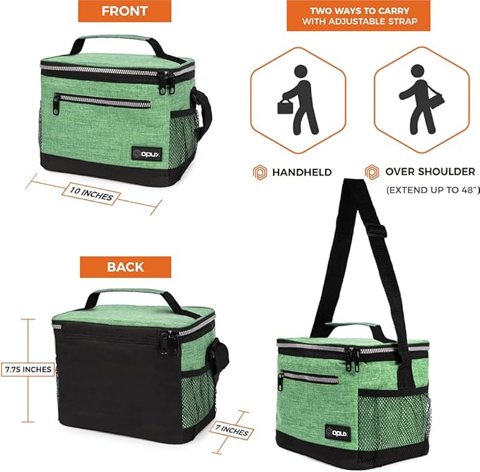 opux Insulated Lunch Box Men Women, Lunch Bag for Work School, Leakproof Soft Cooler Tote Adult, Large Lunch Pail Kids Boys Girls, Picnic Beach Food Bag with Shoulder Strap, Heather Green