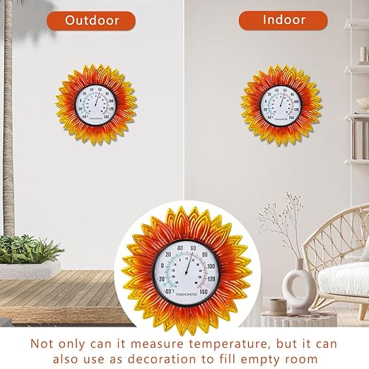 Sunflower Outdoor Thermometer, 12" Metal Wall Themometer, No Need Battery Indoor Thermometer with Large Number Easy to Read for Patio Room Decor