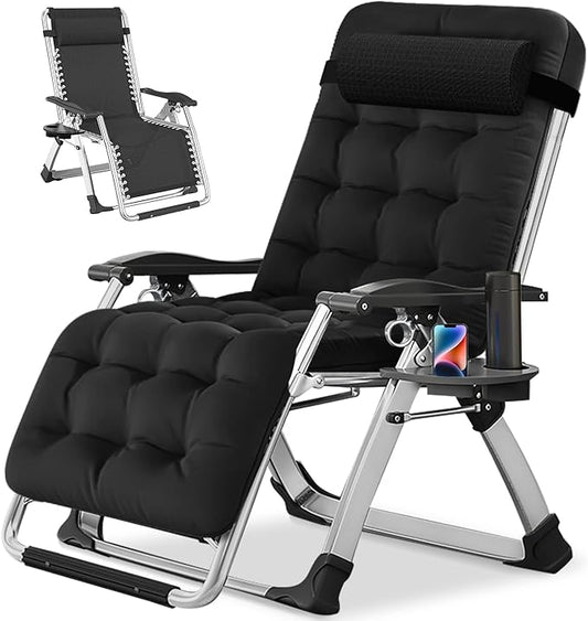 NAIZEA Padded Zero Gravity Chair, Folding Outdoor Lounge Chairs, Adjustable Reclining Camping Chairs with Cup Holder, Ergonomic Patio Lawn Chair for Balcony Beach Deck Yard