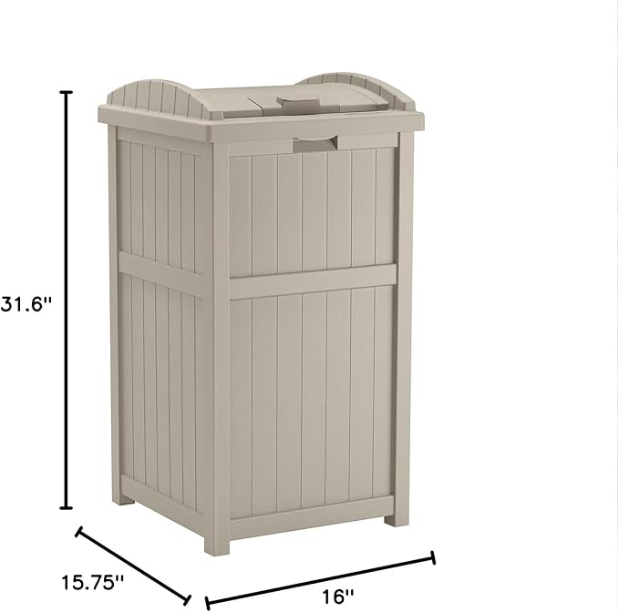 Suncast 33 Gallon Hideaway Trash Can for Patio - Resin Outdoor Trash with Lid - Use in Backyard, Deck, or Patio - Taupe