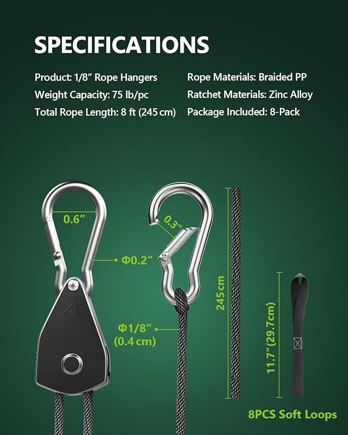 8-Pack 1/8” Ratchet Straps, Heavy Duty Ratchet Tie Down Straps Kayak Hanger with Reinforced Metal Gear Safety Lock, Rope Pulley System for Hanging Plants Grow Light and Various Tie-Down Uses