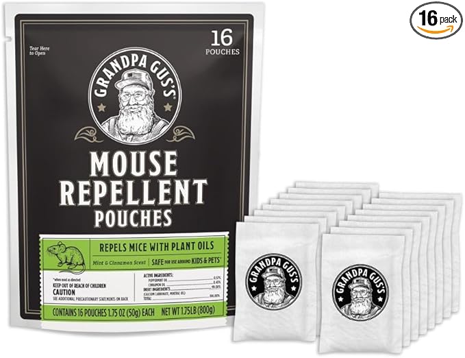 Grandpa Gus's Natural Mouse Repellent Pouches, Cinnamon/Peppermint Oils Repel Mice from Nesting in Home/Cabin/Boat/Car Storage/RV/Machinery/Shed (16 Pouches)