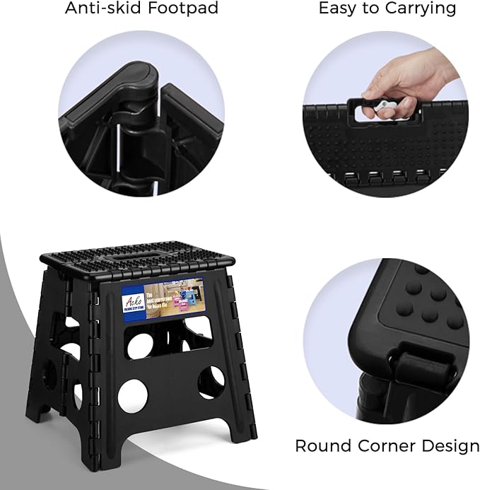 ACKO Folding Step Stool 13 inch Height Premium Heavy Duty Foldable Step Stools for Adults and Kids, Kitchen Plastic Small Collapsible Stepping Stool Hold Up to 300 LB Dot Black (1 Pack)