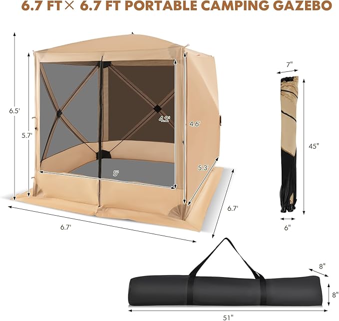 Tangkula 6.7x6.7 Ft Pop Up Gazebo with Netting, Portable Screen Tent with 4 Sided Mesh Walls, 2 Sunshade Cloths, UV 50+ Instant Canopy Shelter with Carry Bag for Camping, Lawn, Backyard