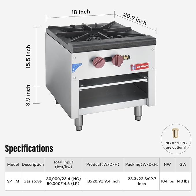 WESTLAKE Commercial Gas Stock Pot Range, Single Burner Natural Gas and Propane Stove with 80000 BTU, 18" W Countertop Cooking Stove Range Commercial Stainless Steel Gas Stock Pot for Restaurant