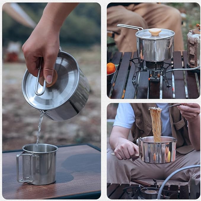 BSGB Camping Pot with Lid Fork Knife Spoon Bag and Detachable Handle 1L/34oz 304 Stainless Steel Pot Travel Coffee Pot Camping Tea Kettle Cookware Hiking Picnic Backpacking Survival
