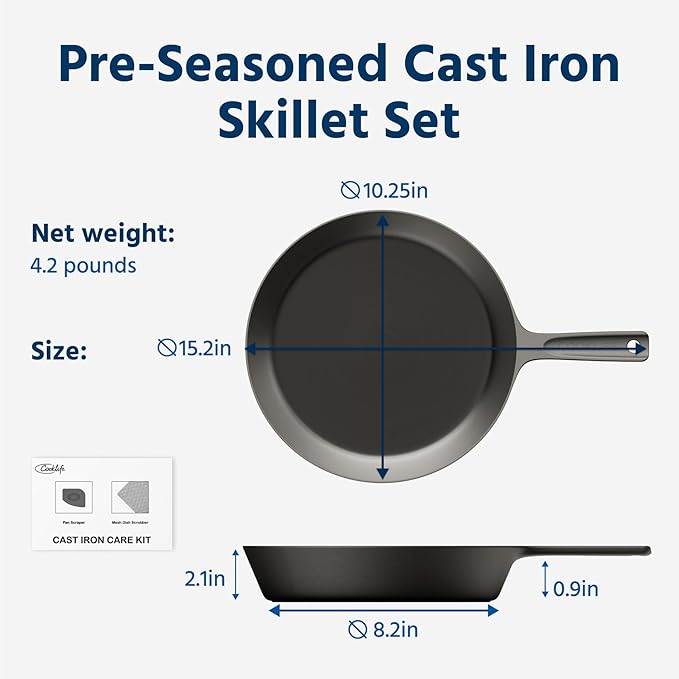 COOKLIFE 10 Inch Lightweight Pre-Seasoned Cast Iron Skillets with Handle Cover - Smooth Polished Surface, Easy to Clean Cast Iron Pan Use in the Oven, on the Stove or Grill, Over a Campfire