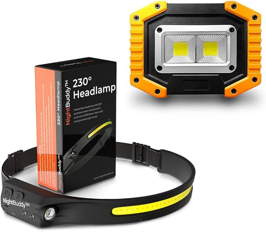 NightBuddy Original LED Headlamp Rechargeable Flashlight Adults Camping Essentials Backpacking Lights 4X Brighter Headband Lamp 5 Light Modes Hiking Gear Must Haves (Headlamp + Floodlight)