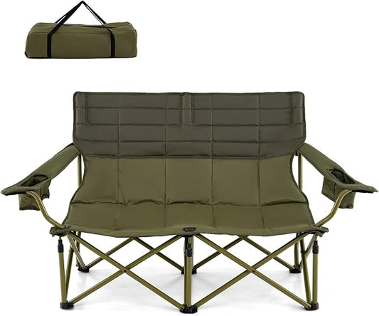 Tangkula 2 Person Oversized Camping Chair, Fully Padded Folding Loveseat Camp Chair with Adjustable Armrests, Cup Holders, Carrying Bag, Portable Double Outdoor Lawn Chair for Camping