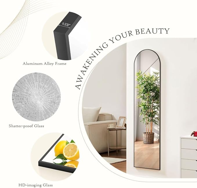 Arched Full Length Mirror, 59"x 16" Floor Mirror With Aluminum Alloy Thin Frame, Hanging or Leaning for Wall Bedroom Dressing, Home Decor, Black