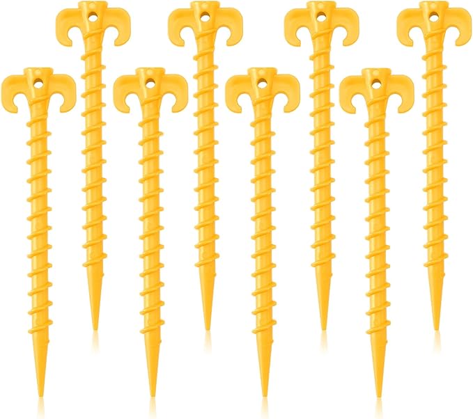 AUGSUN 8 Pack Plastic Tent Stakes Heavy Duty, Yellow Sand Stakes for Beach 7.5 Inch Screw in Tent Stakes Spiral Ground Anchors Tent Pegs Canopy Stakes for Inflatables Outdoor Camping Hiking Garden