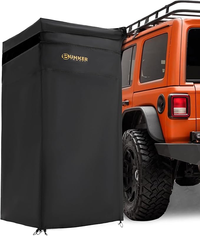 BUNKER INDUST Vehicle Side Shower Tent with Roof, Car Portable Privacy Shower Bathroom, Outdoor Camping Awning Shower Room Waterproof, Built-in LED Light for Night, Black